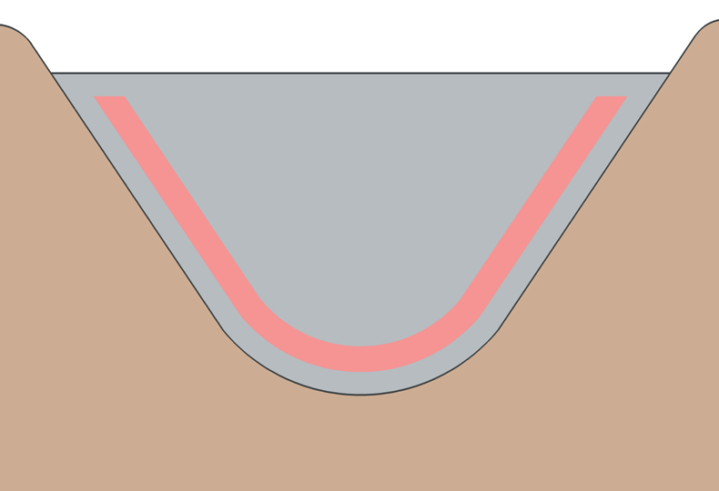 Figur 22: Vannside av buedam med angivelse av partier der armeringskorrosjon har størst betydning for sikkerheten.