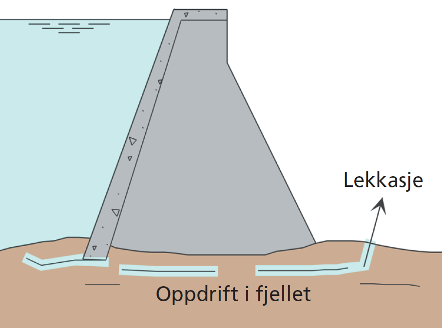 Figur 26: Lekkasje i fundamentet i god avstand fra dammen. Dette tyder på oppdrift over et større område enn antatt og dammens sikkerhet er redusert.